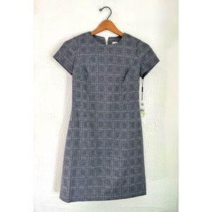 NEW Calvin Klein Plaid Shift Dress, Short Sleeve Back Zip, Blue Black Silver NWT